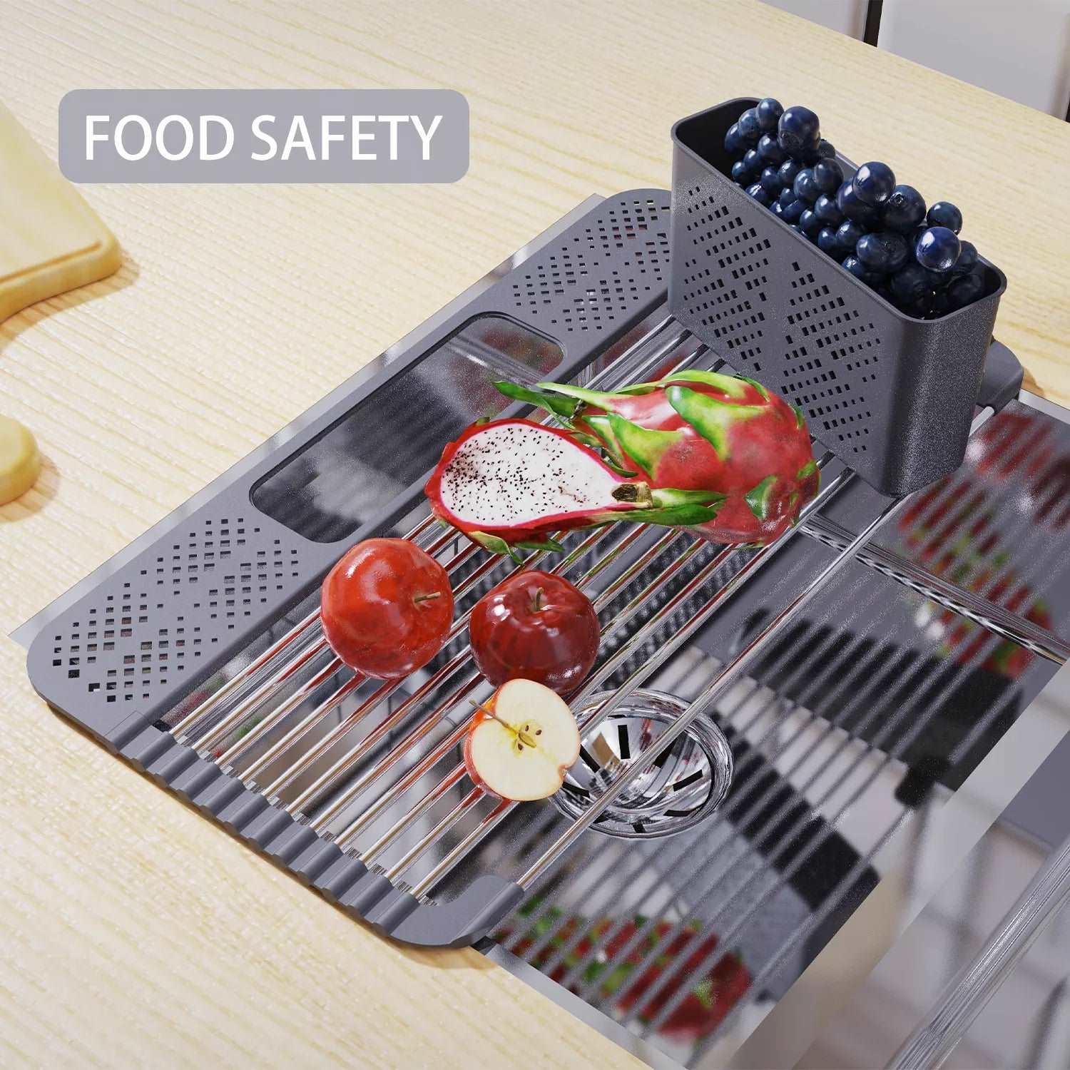 Over The Sink Stainless Steel & Silicone Dish Roll up  Drying Rack